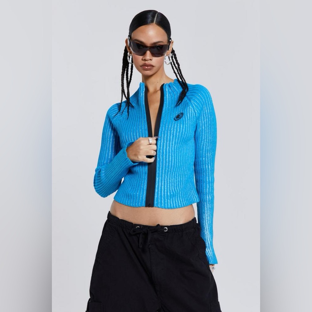 Jaded London Blue Steel Metallic Silver Zip Up Knit Track Jacket